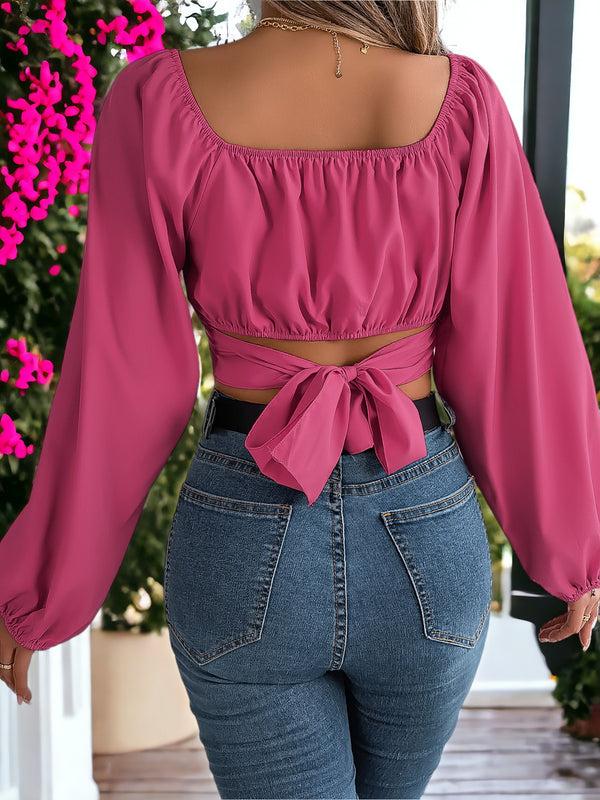 Anna Kaci Lantern Sleeves Lace-Up Waist Chiffon Crop Top