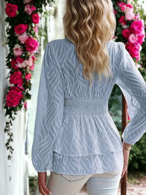 Anna Kaci Leaf Print Shirred Waist Textured Chiffon Peplum Blouse