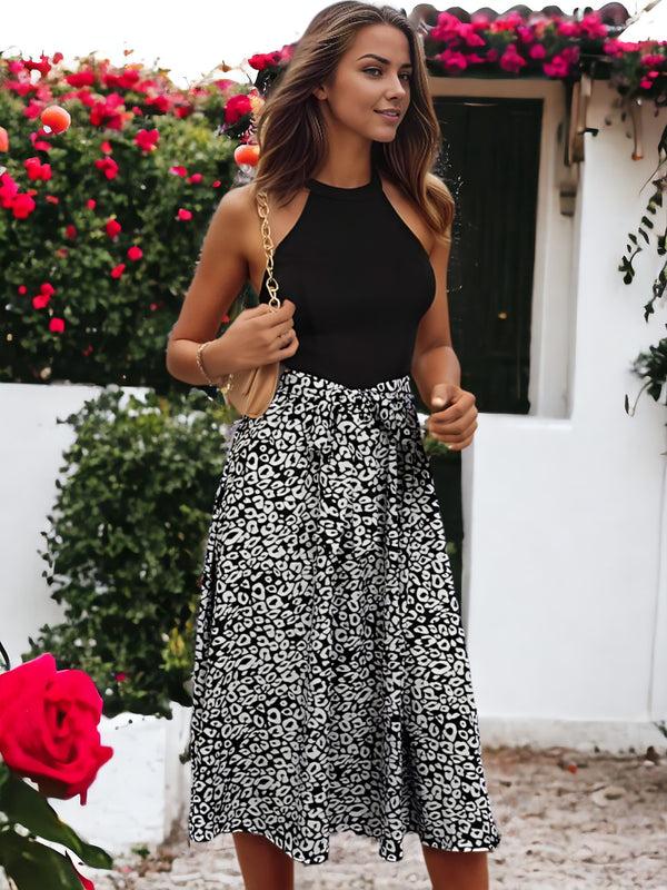 Anna Kaci Leopard Printed Halter Neck Belted Flared Dress