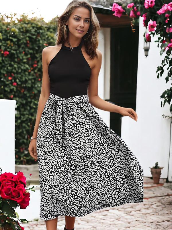 Anna Kaci Leopard Printed Halter Neck Belted Flared Dress