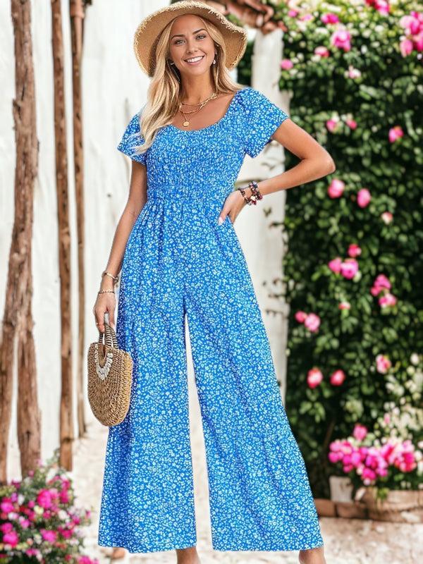 Anna Kaci Leopard Printed Round Neck Cap Sleeve Gathered Jumpsuit