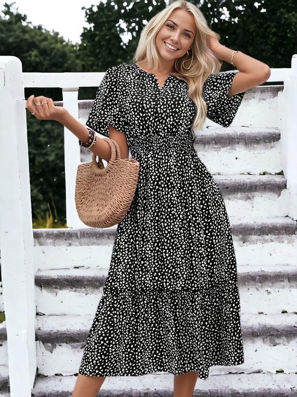 Anna Kaci Leopard Printed Short Sleeve Smock Waist Midi Dress