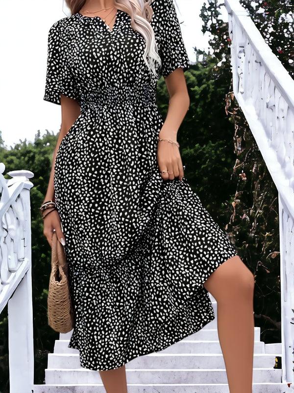 Anna Kaci Leopard Printed Short Sleeve Smock Waist Midi Dress
