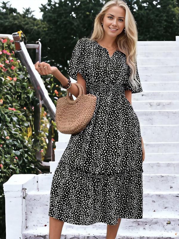 anna kaci Leopard Printed Short Sleeve Smock Waist Midi Dress