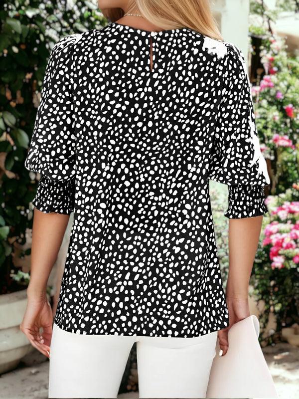 Anna Kaci Leopard Shirt Round Neck Smocked Puffed Midi Sleeve Blouse