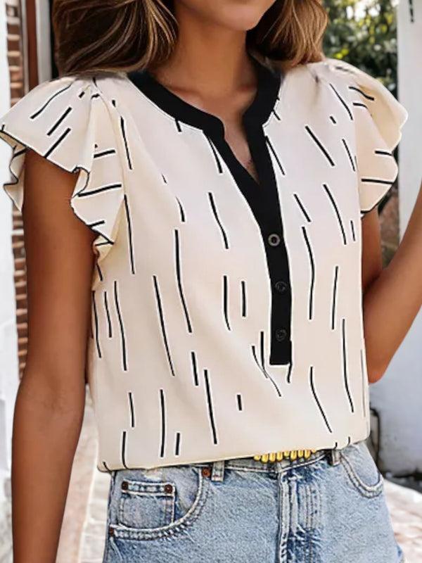 Anna Kaci Line Printed Ruffle Sleeved V-Neck Blouse