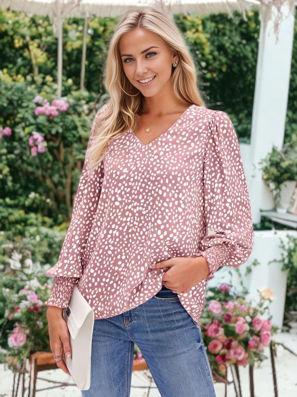 anna kaci Long Sleeve Light V-Neck Bishop Sleeve Leopard Blouse