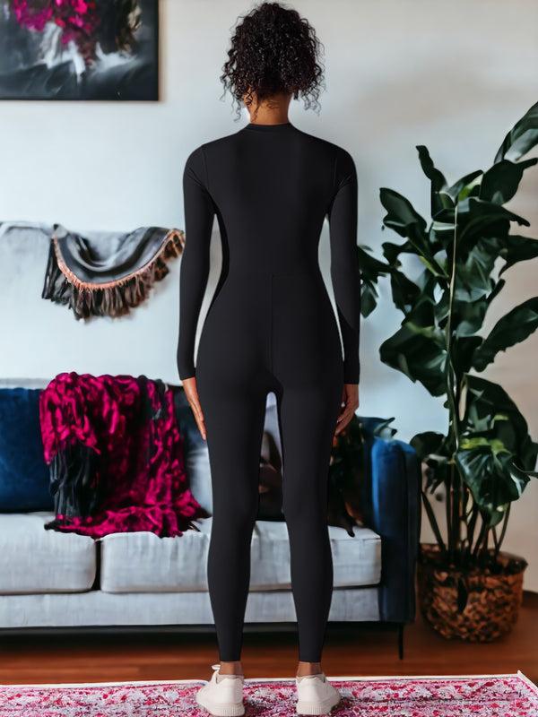 Anna Kaci Long Sleeved Half-Zip One Piece Yoga Jumpsuit