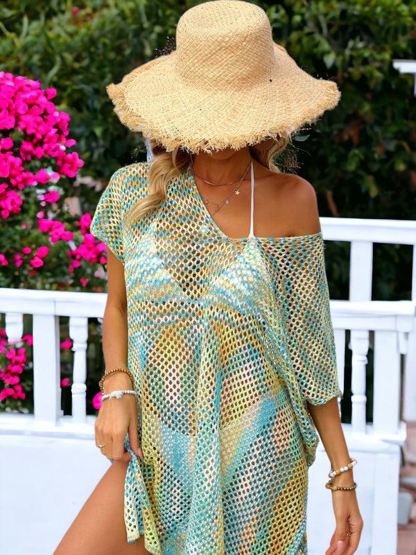 Anna Kaci Loose Knitted Rainbow Mesh Beach Bikini Cover-Up