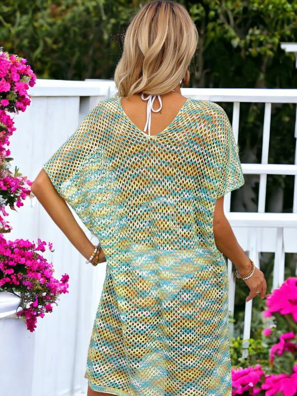 Anna Kaci Loose Knitted Rainbow Mesh Beach Bikini Cover-Up