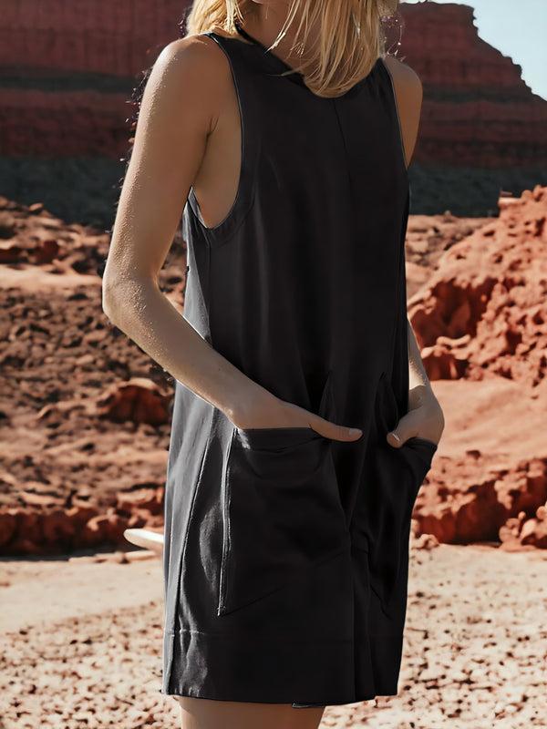 Anna Kaci Loose Round Neck Sleeveless Pocket Detailed Romper