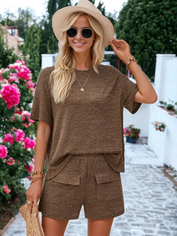 Anna Kaci Loose Round Neck Top And Shorts Front Mock Pocket Lounge Set