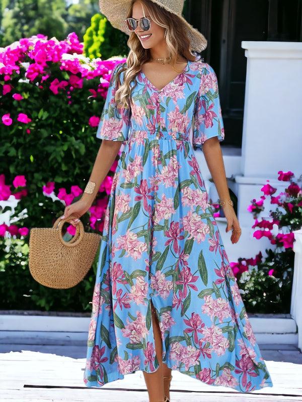 Anna Kaci Medium Sleeved Button Detailed Floral Printed Maxi Dress