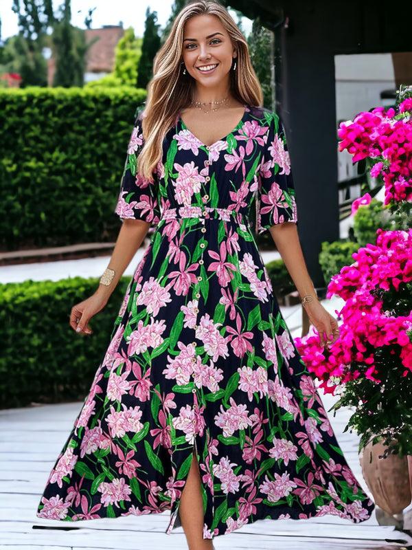 Anna Kaci Medium Sleeved Button Detailed Floral Printed Maxi Dress