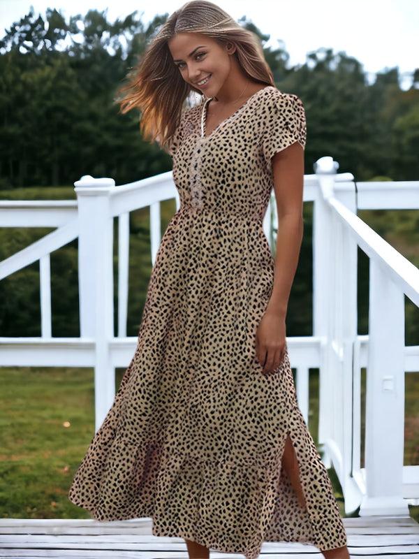 Anna Kaci Mid-Length Gathered Waist Leopard Print Slit Midi Dress