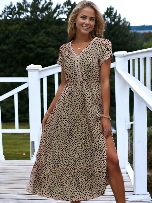 anna kaci Mid-Length Gathered Waist Leopard Print Slit Midi Dress