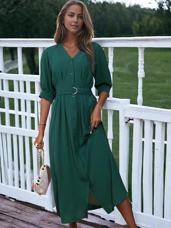anna kaci Mid Sleeve Green Button Down V-Neck Belted Dress