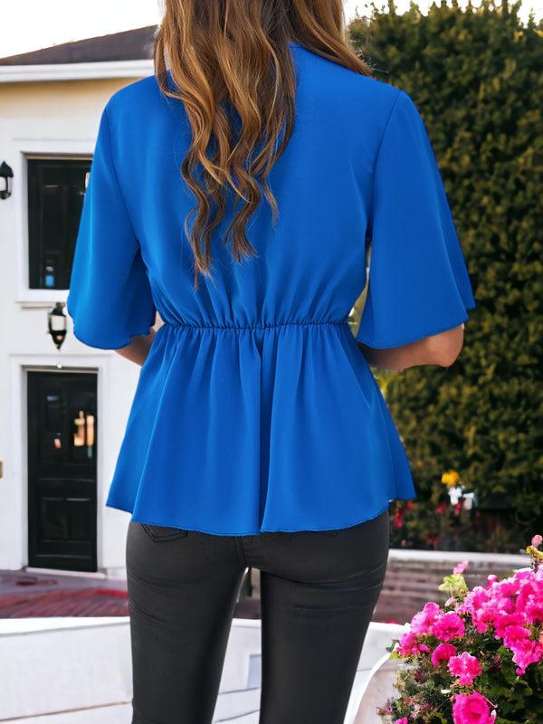 Anna Kaci Mid Sleeve Tie Waist Elegant Ruffle Blouse For Women