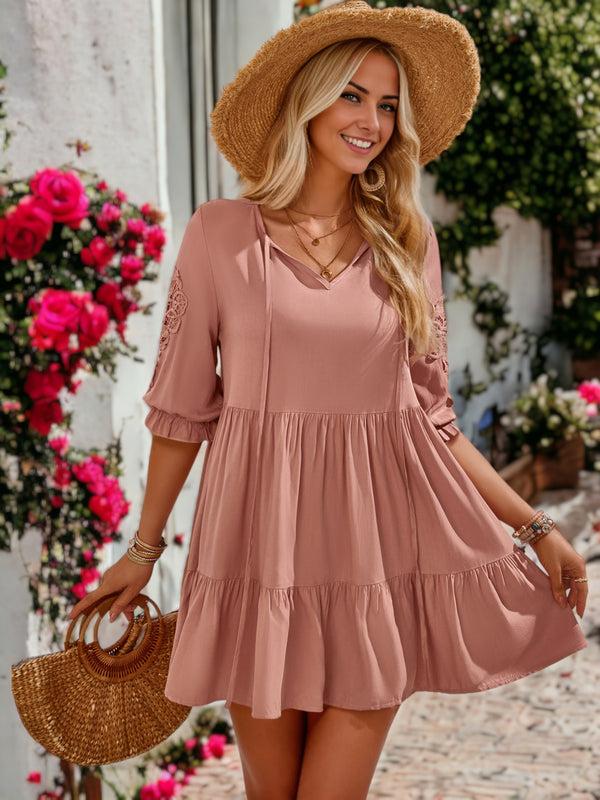 Anna Kaci Midi Crochet Lace Sleeve Ruffle Gathered Tunic Flared Dress