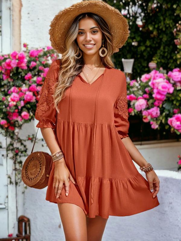 Anna Kaci Midi Crochet Lace Sleeve Ruffle Gathered Tunic Flared Dress