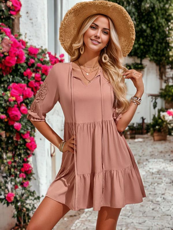 anna kaci Midi Crochet Lace Sleeve Ruffle Gathered Tunic Flared Dress