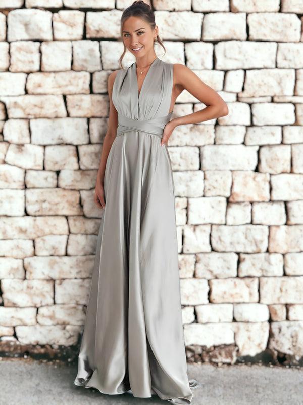 Anna Kaci Multi-Wear Silky V-Neck Backless Maxi Dress