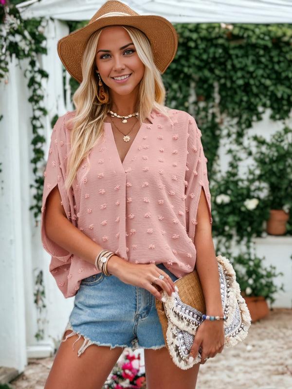 Anna Kaci Notched V-Neck Clip Dot Cap Tulip Sleeve Blouse