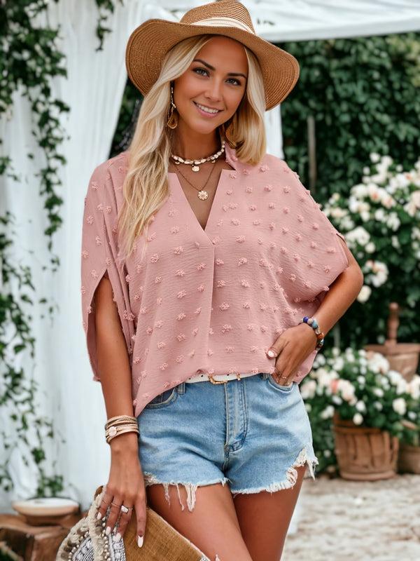 anna kaci Notched V-Neck Clip Dot Cap Tulip Sleeve Blouse