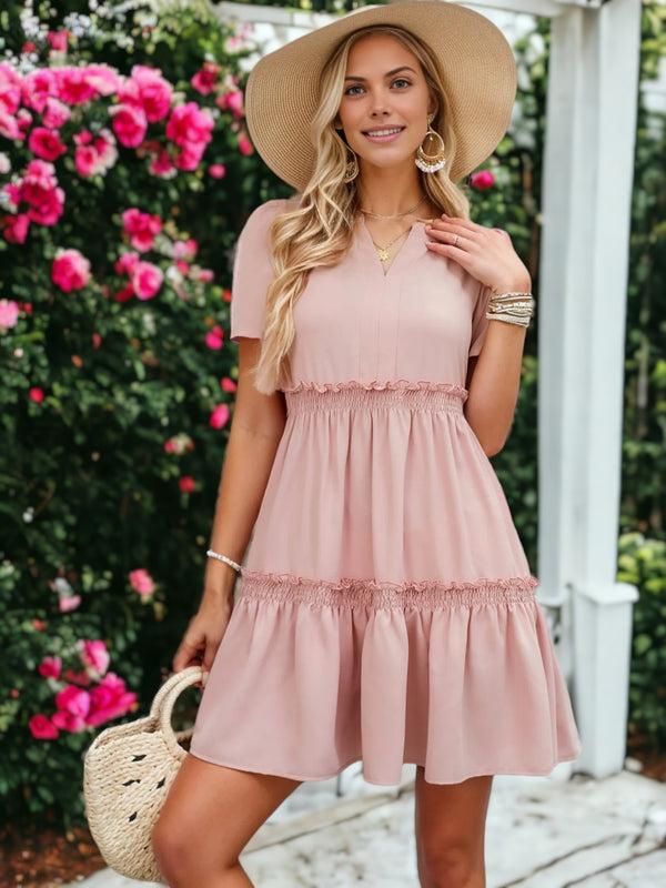 Anna Kaci Notched V-Neck Short Sleeve Smocked Ruffle Dress