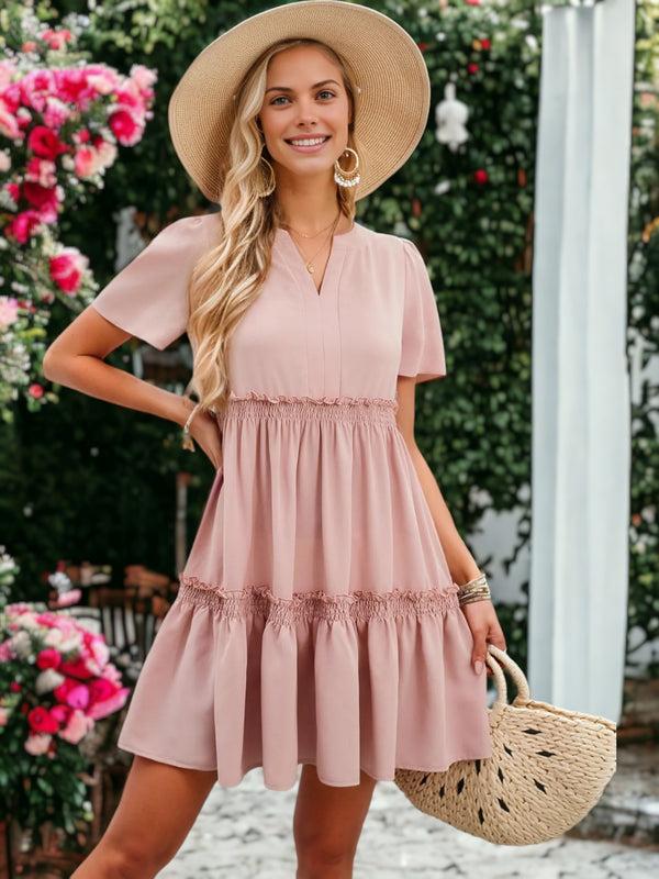 Anna Kaci Notched V-Neck Short Sleeve Smocked Ruffle Dress