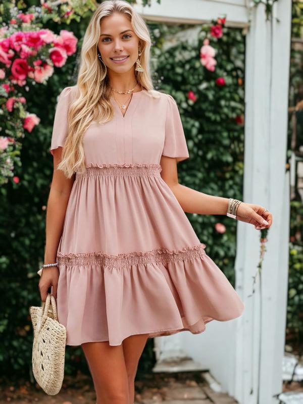 anna kaci Notched V-Neck Short Sleeve Smocked Ruffle Dress