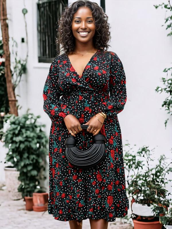 Anna Kaci Plus Size Bell Sleeves Rose Floral Print Wrap Maxi Dress