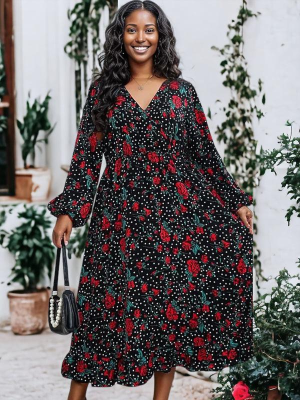 Anna Kaci Plus Size Bell Sleeves Rose Floral Print Wrap Maxi Dress
