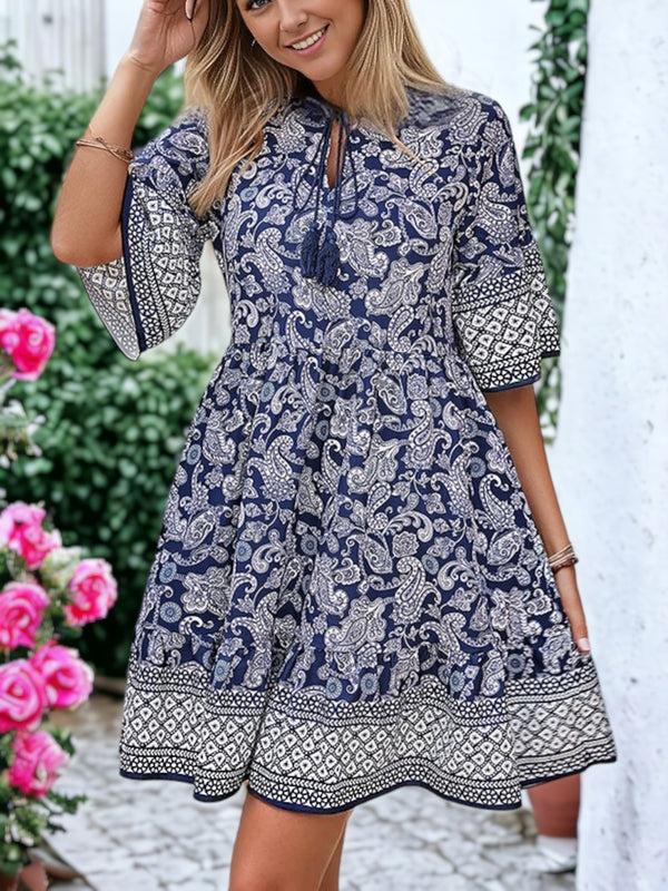 Anna Kaci Printed Bohemian Style Short-Sleeved V-Neck Dress