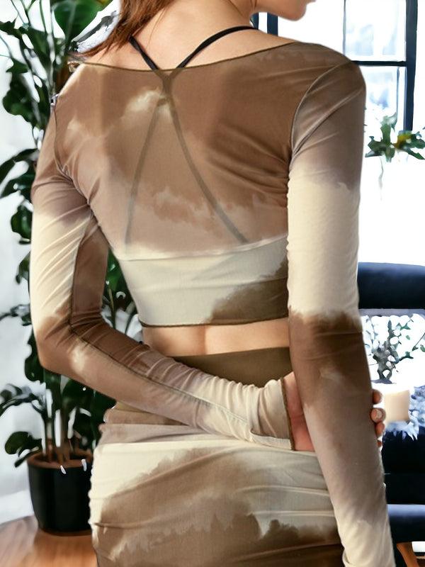 Anna Kaci Printed Long Sleeved Slim Mesh Yoga Fitness Top