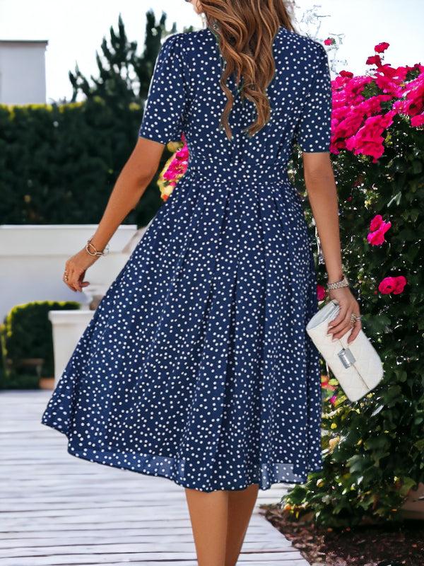 Anna Kaci Printed Round Neck Short Sleeved Waist Tie Dress