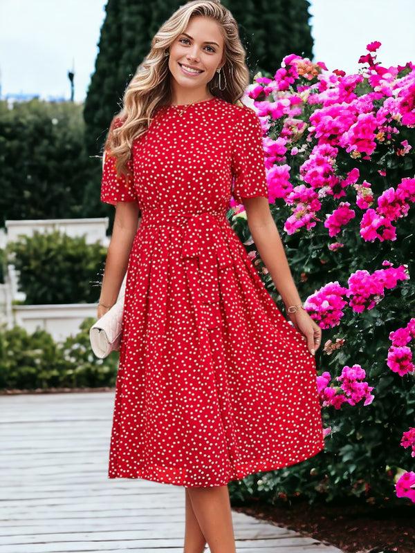 Anna Kaci Printed Round Neck Short Sleeved Waist Tie Dress