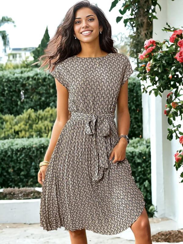 anna kaci Printed Tie Waist Pleated Short Dolman Sleeve Dress