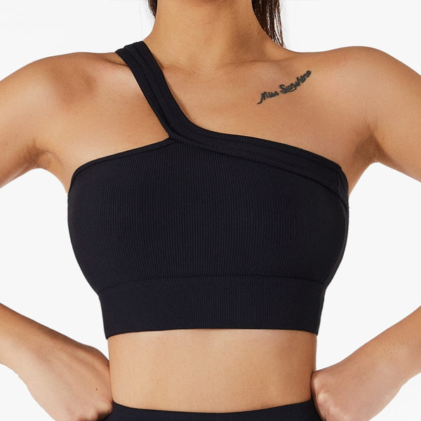 Anna Kaci Ribbed Asymmetrical One Shoulder Sports Bra