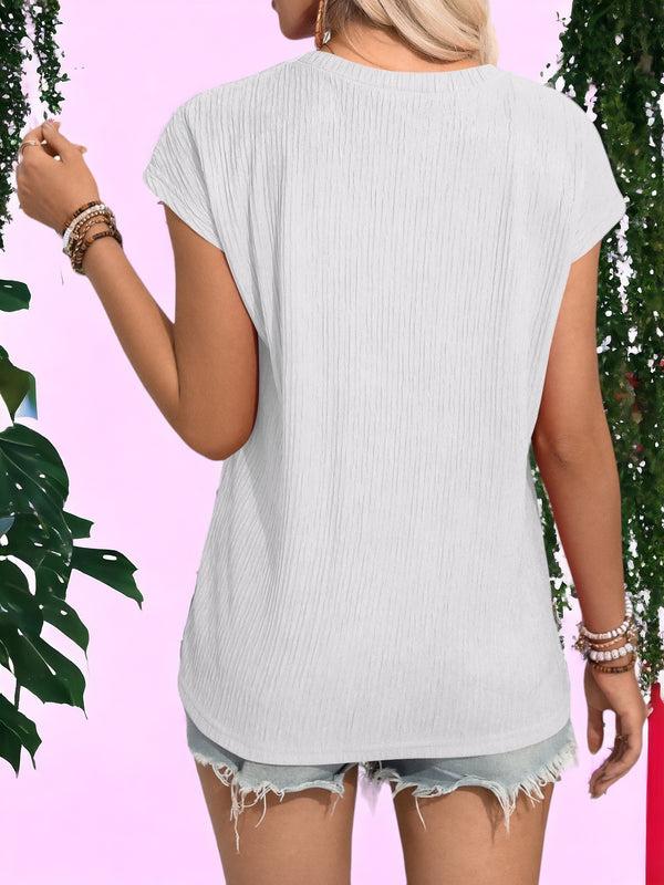 Anna Kaci Round Neck Textured Short Sleeved Blouse With Side Pocket Detail