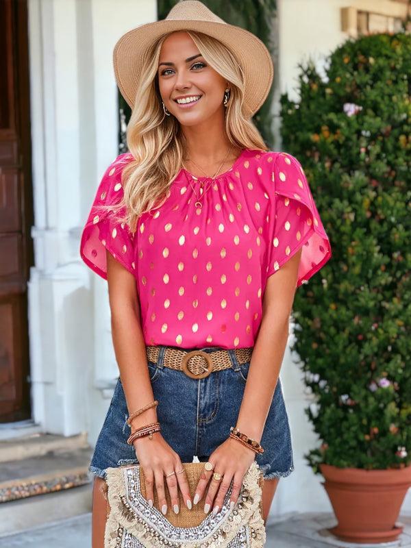 Anna Kaci Round Neck Tulip Sleeve Gold Polka Dot Blouse