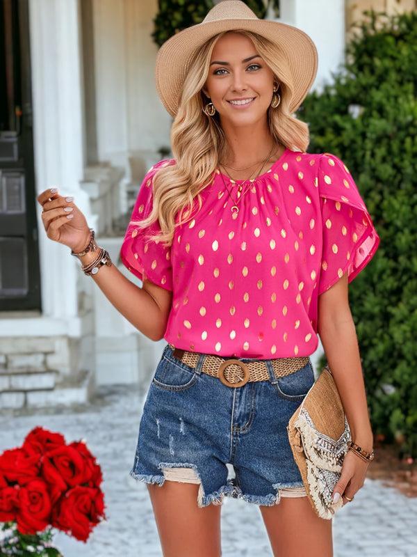 Anna Kaci Round Neck Tulip Sleeve Gold Polka Dot Blouse