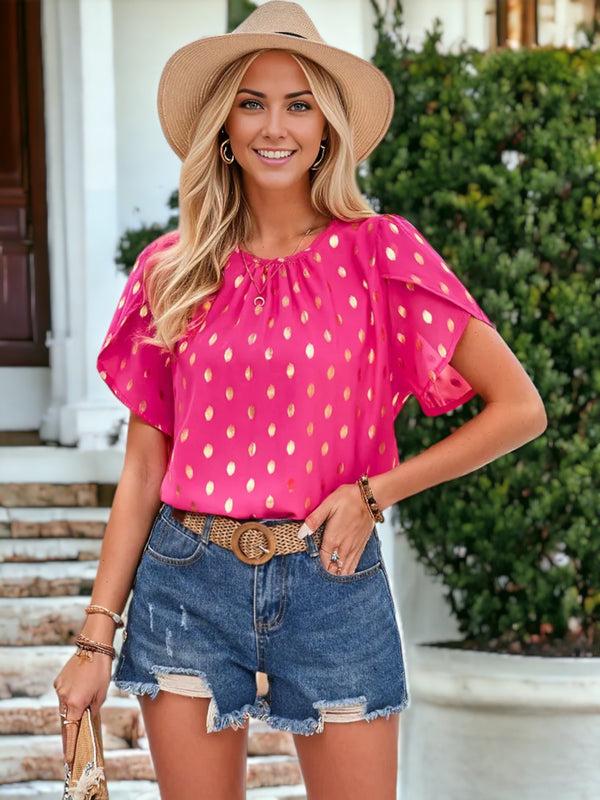 anna kaci Round Neck Tulip Sleeve Gold Polka Dot Blouse