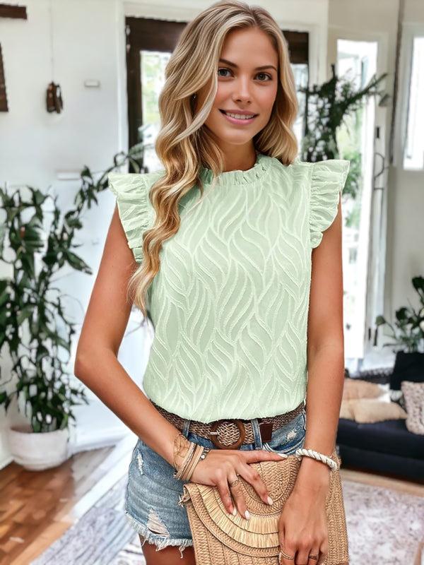 Anna Kaci Ruffle Collared Wave Textured Chiffon Cap Sleeve Blouse