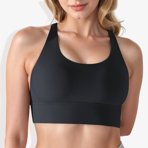 Anna Kaci Scoop Neck Stretchy Cropped Banded Criss Cross Back Sports Bra