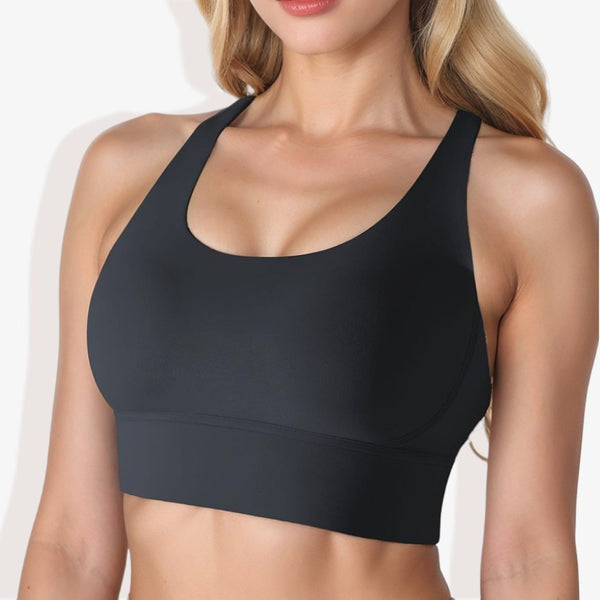 Anna Kaci Scoop Neck Stretchy Cropped Banded Criss Cross Back Sports Bra