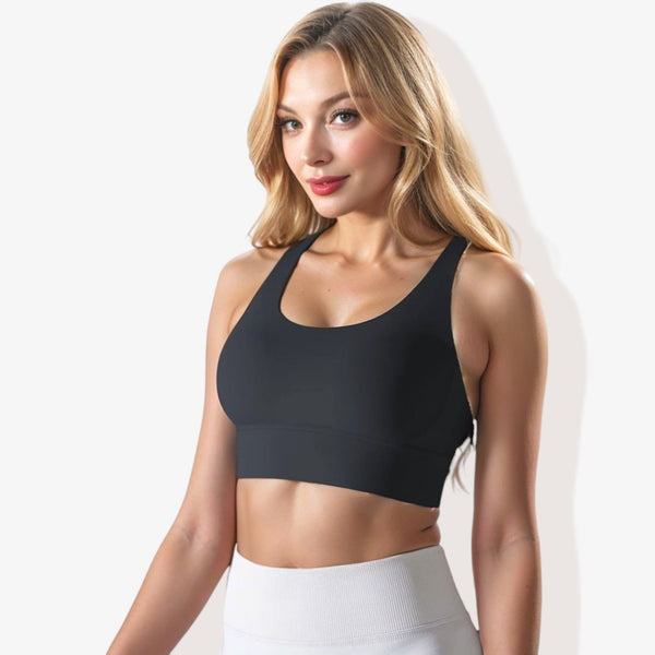 Anna Kaci Scoop Neck Stretchy Cropped Banded Criss Cross Back Sports Bra
