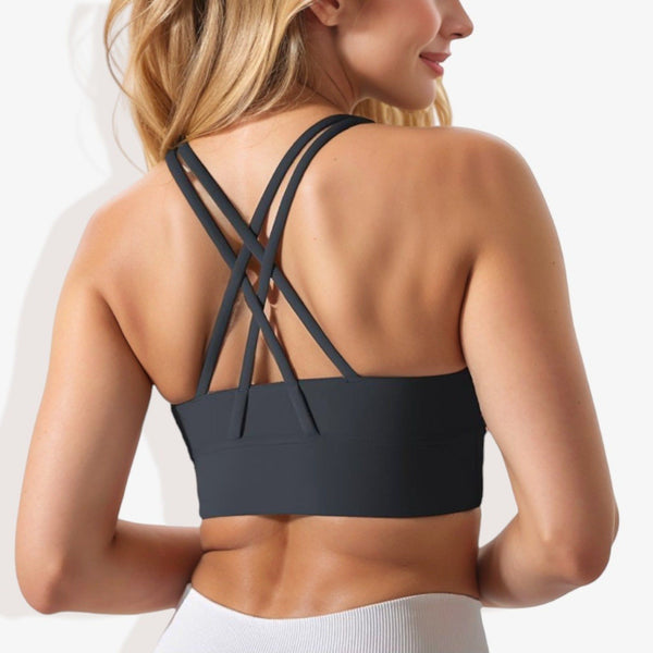 anna kaci Scoop Neck Stretchy Cropped Banded Criss Cross Back Sports Bra