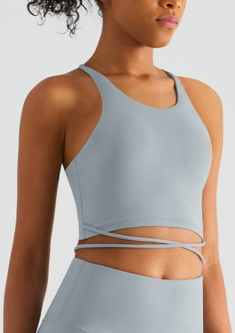 Anna Kaci Scoop Neck Wrap Waist Crossover Tying Sports Bra Tank