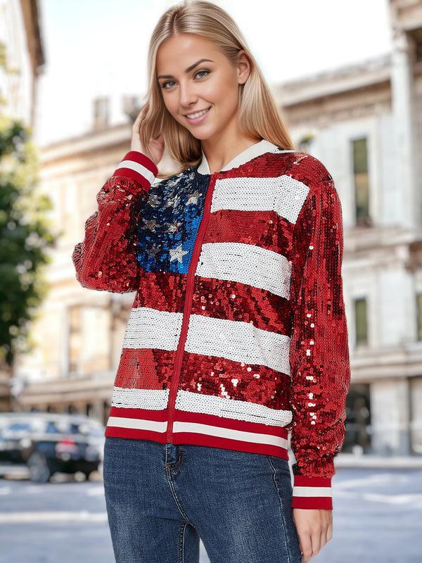 Anna Kaci Sequin American Flag Bomber Zip-Up Jacket Flag
